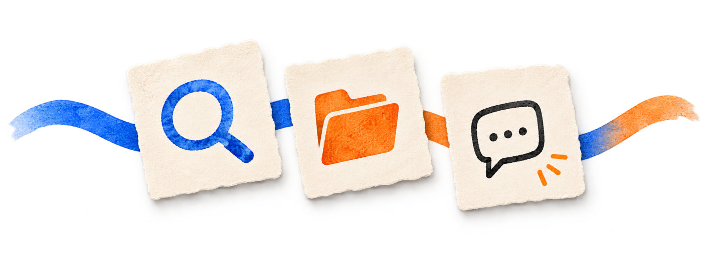 Hand-painted search, folder, and conversation icons on cream paper tiles
