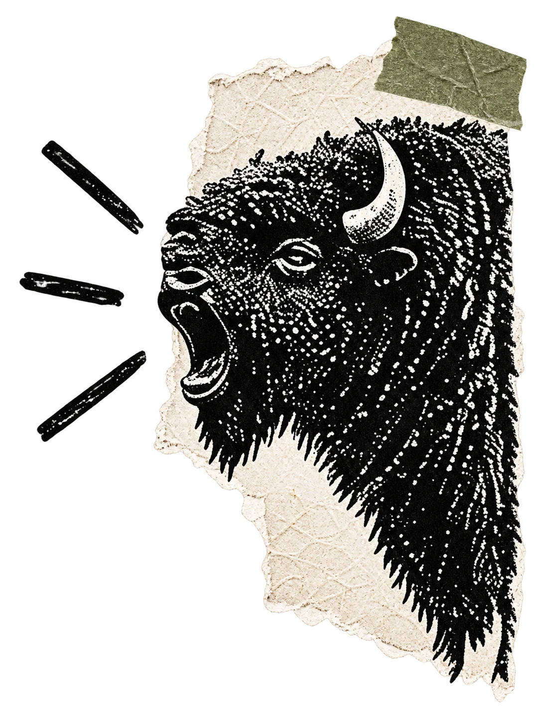 A bison print, mouth open, calling out to the herd.